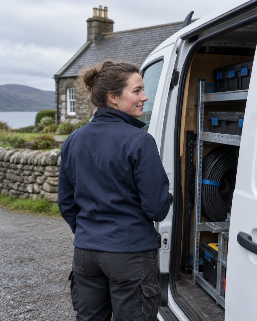 Installer in a navy jacket at the open side door of a white van, outside a stone cottage with a loch and hills behind