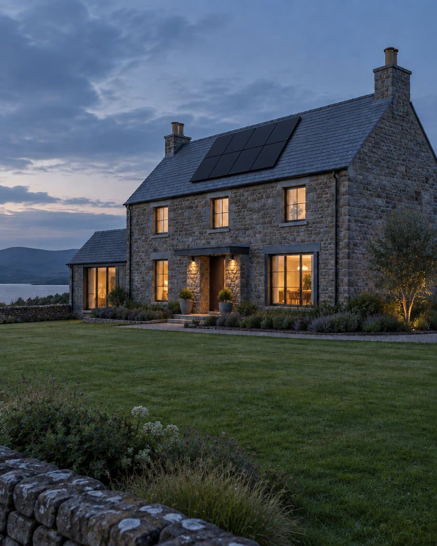 Stone farmhouse at dusk with solar panels on the roof and lights on inside