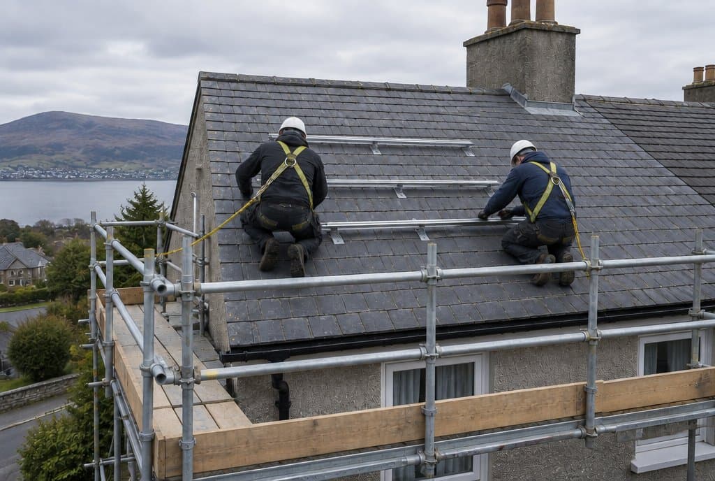 Two installers in harnesses fitting rails on a slate roof, with scaffold and guard rails along the edge