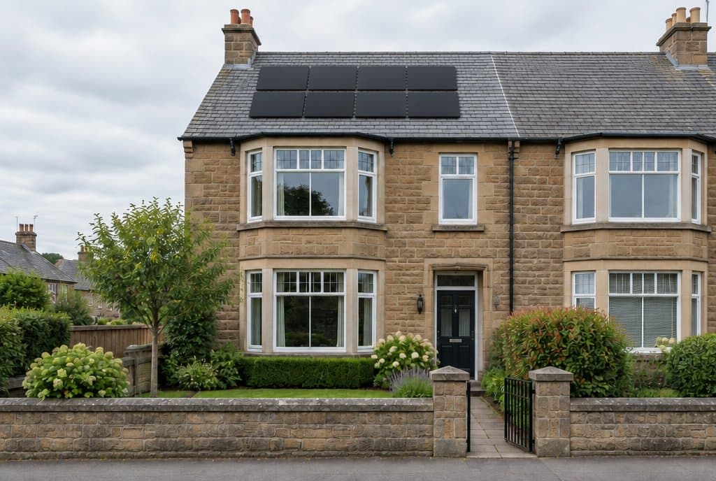 1930s sandstone semi with black solar panels on its half of the slate roof
