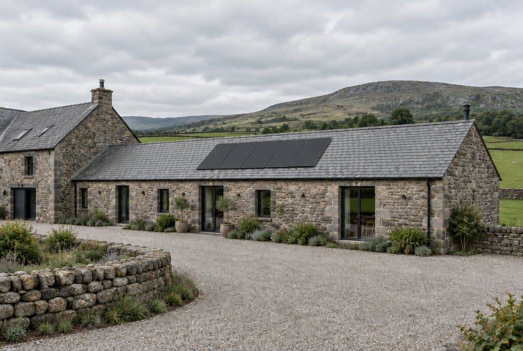 Converted stone steading with a short row of five black solar panels on its slate roof