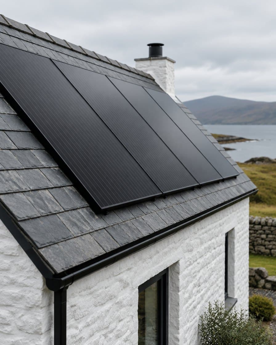 All-black solar panels on the slate roof of a whitewashed cottage