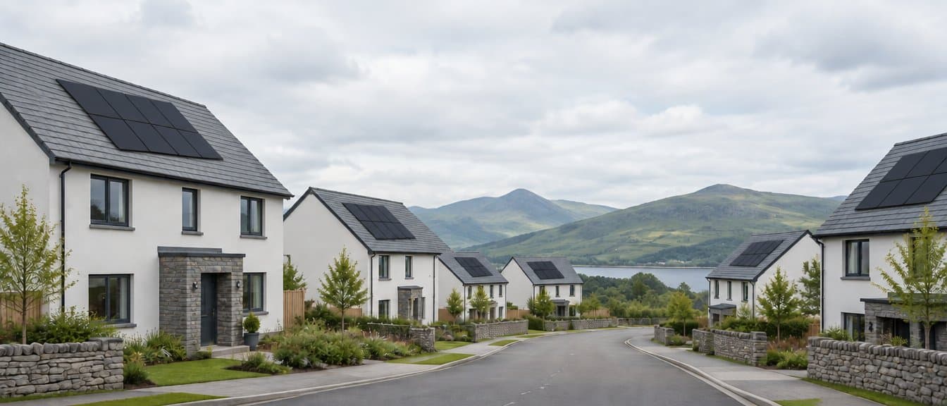 A street of modern Scottish homes with solar panels on several roofs, hills behind